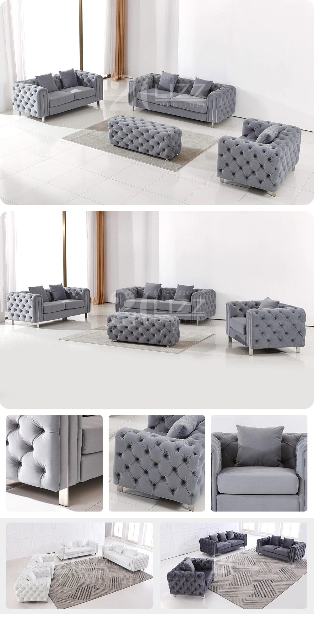 Dubai Sofa Furniture Luxury Modern Chesterfield Living Room Velvet Fabric Sofa